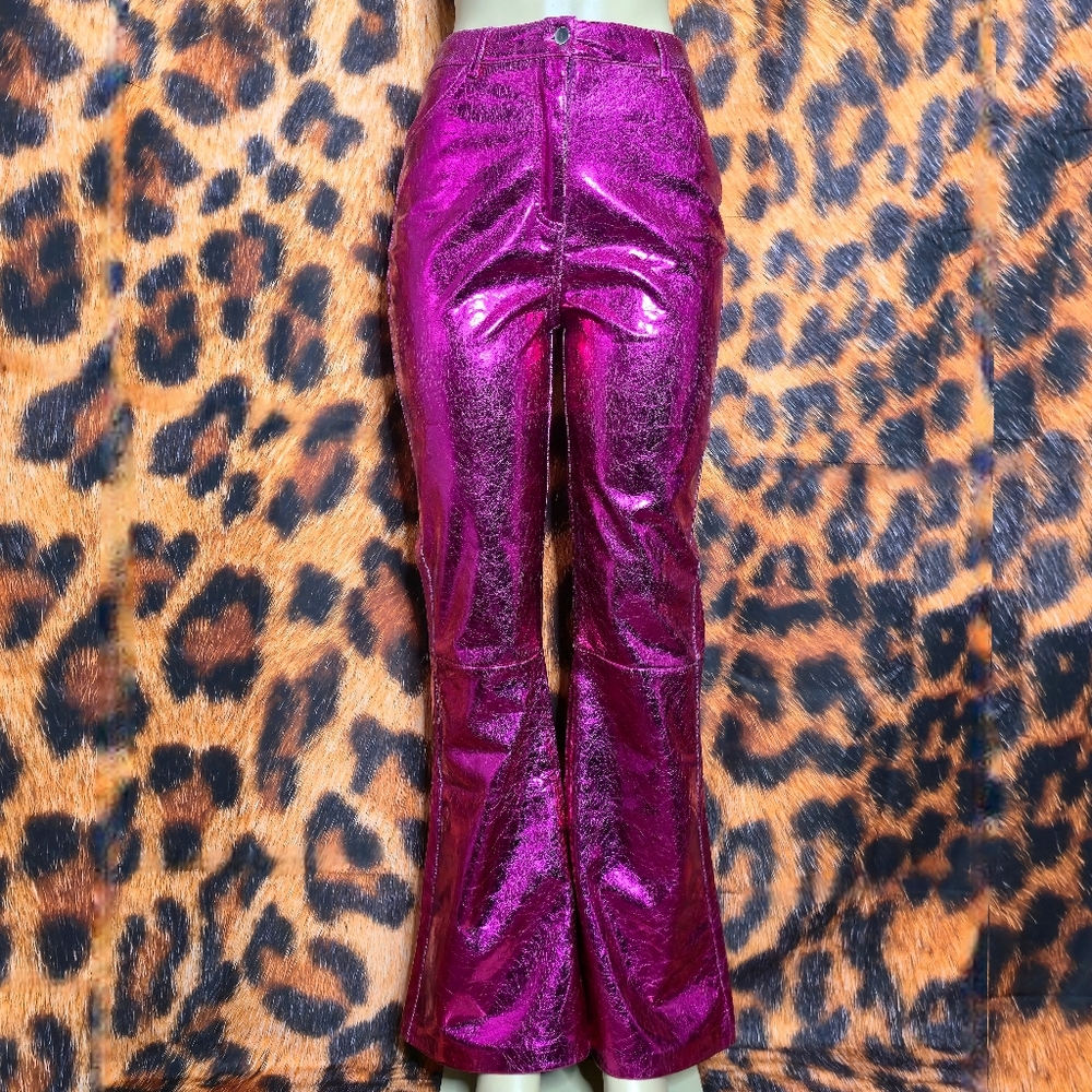 Nasty Gal Metallic Glamour Pink Crackle Flare Pants